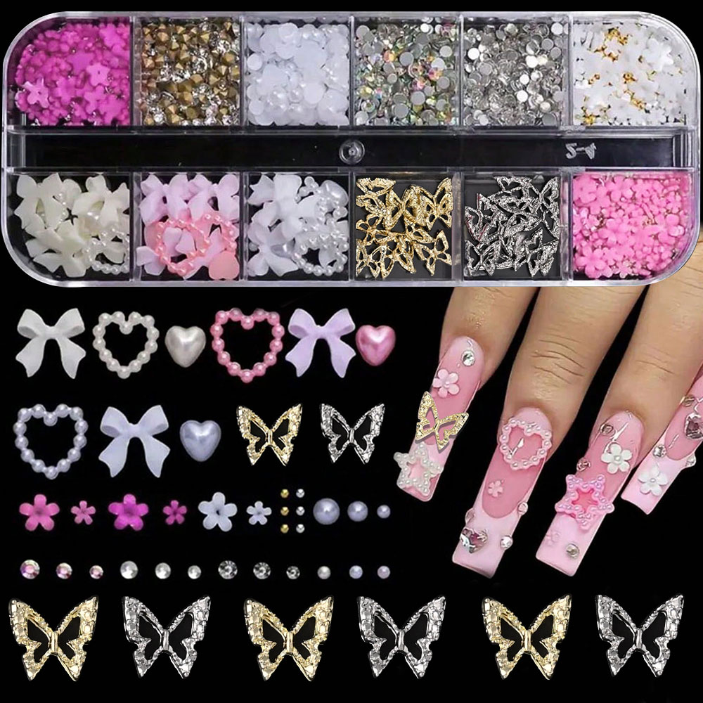 12 그리드 핑크 화이트 보우 네일 아트 쥬얼리 진주  - Crystal Bead Mix 리뷰 및 가격